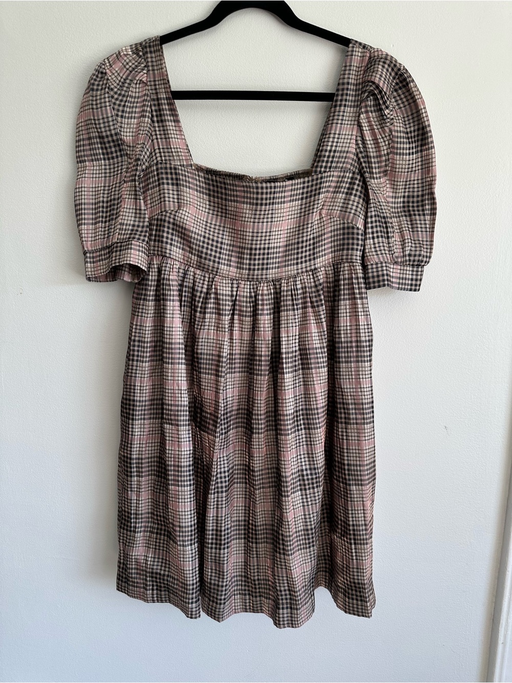 En Saison Plaid Puff-Sleeve Square Neck Mini Dress Size Small